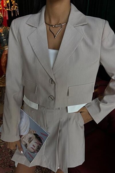 Lijuri Eyesof Crop Jacket and Pleated Skirt Garnished Suit 10111