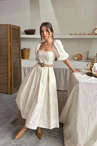 Kokosh moda Beige Balloon Sleeve Brode Dress