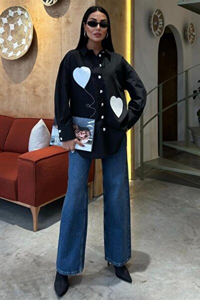 JANES Oversize Shirt with Heart Embroidery and Button Detail 3430