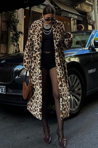 MODAVERA Leopard Patterned Lined Plush Coat 7065