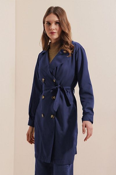 Gökyüzü Moda 5864 Double Breasted Collar Short Trench Coat - Navy Blue