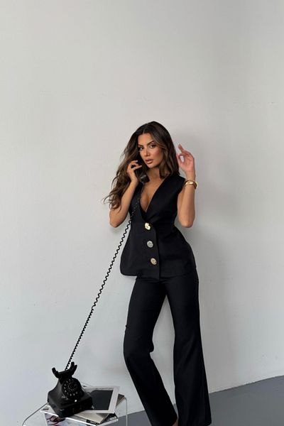 Simala Linen Gold Buttoned Vest - Pants Tk - Black