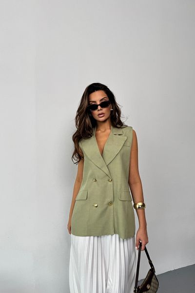 modaserdem Linen Vest with Gold Buttons - Green