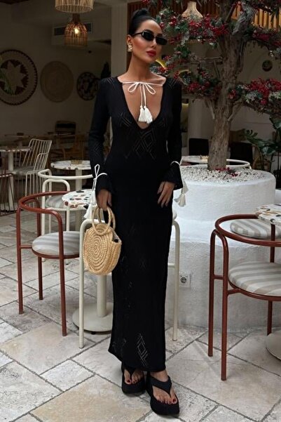 GENİRA فستان برقبة على شكل V مفصل برباط شرابة حياكة دانتيل 2850