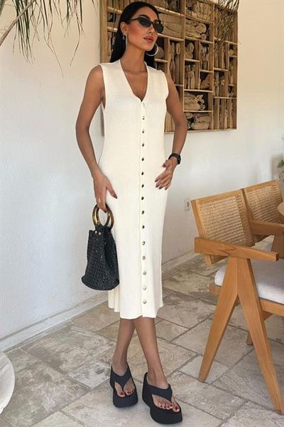 passense Buttoned Front Ribbed Sleeveless Dress 2832