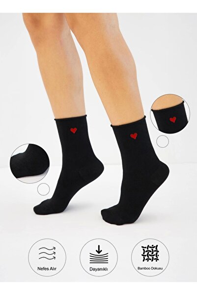 bamboo star Дамски черни чорапи до глезена с шарка на сърце от бамбук - еластични и не протриващи се, 3 броя