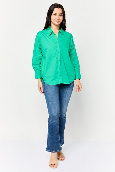 Bebe Women Pointed Collar Long Sleeves Plain Shirt, Green