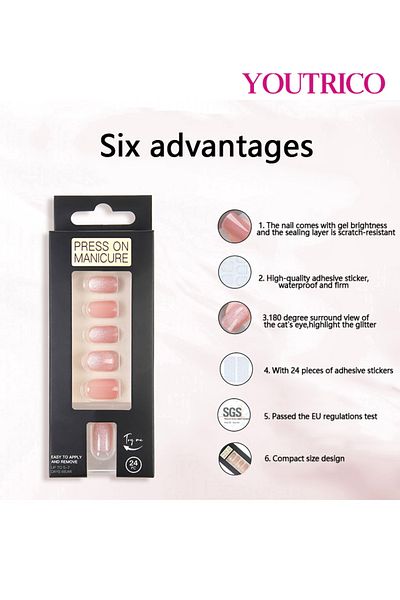 Youtrico 24 Press On Nails,ladies Pink Cat Eye, High Glitter Pink,short Square Round Nails