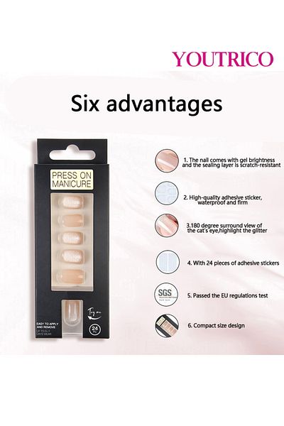 Youtrico 24 Press On Nails,ladies Solid Cat Eye, High Glitter Pink,short Square Round Nails
