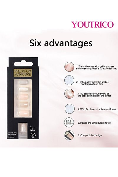 Youtrico 24 Press On Nails,ladies Solid Cat Eye, High Glitter Pink,short Square Round Nails