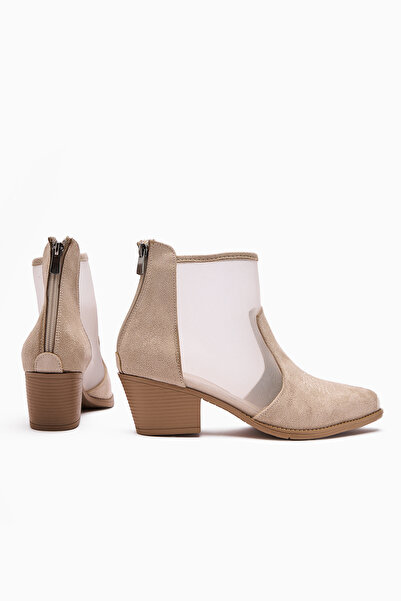 Limoya Mari Bej Süet Nakışlı Kalın Topuklu Kadın Western Yazlık Bot