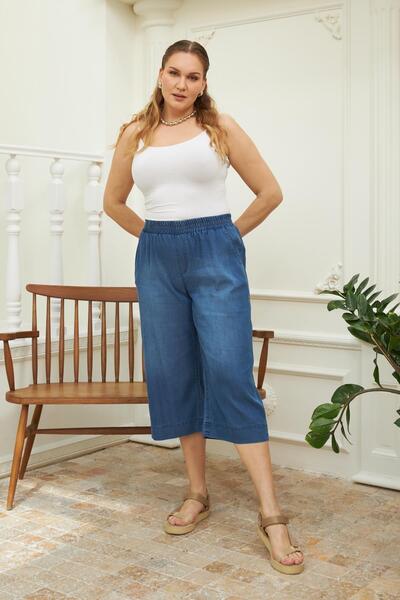 Imagine Giyim Women's Elastic Waist Plus Size Soft Fabric Blue Capri – Comfortable, Lightweight and Casual Chic