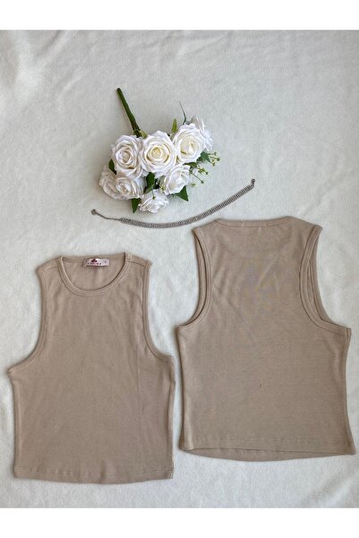 Astorya A'story :Beige Fitted /Fitting Crop Halter Neck Stretch Knitted Tank Top