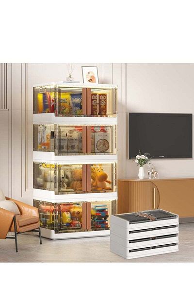 COOYA 4-pack foldable storage boxes,stackable,double doors,with handles and wheels,easy to assemble,white