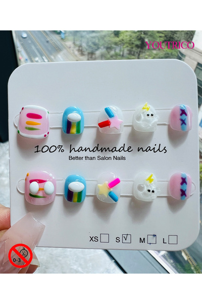 Youtrico أظافر أطفال صناعية مصنوعة يدويًا بنسبة 100%، لون أخضر نجمي، آمنة للأ...