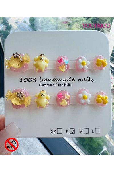 Youtrico Kid Press-on Nails 100% Handmade Candy Pudding Green, Safe for 3+ ,S