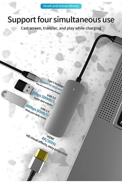 fulina 4 in 1 USB hub with multiple ports, supports 4K video playback, for laptops, desktop computers