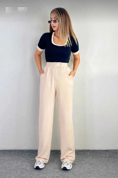 trikomode Γυναικείο παντελόνι Palazzo Beige Lycra Velcro
