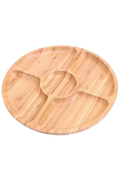 Choice 30cm Leeseph Bamboo Round 5 Compartment Serving Tray, Ideal For Snacks, Fruits, Nuts, Wooden Plate W