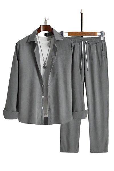 Fifty Color Bürümcük Crinkle Fabric Summer Lycra Women's Men's Long Sleeve Shirt and Sweatpants Set