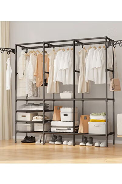 Taimi Metal Clothes Organizer Multi Functional Portable With three Sections And Poles Clothes Black