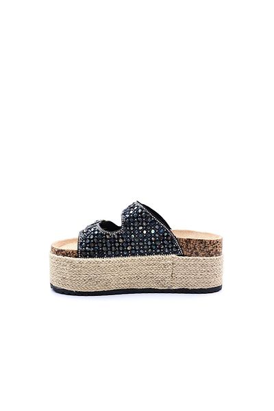 Guja Espadrille Talpă înaltă (6 CM) Papuci de damă negri cu cataramă dublă