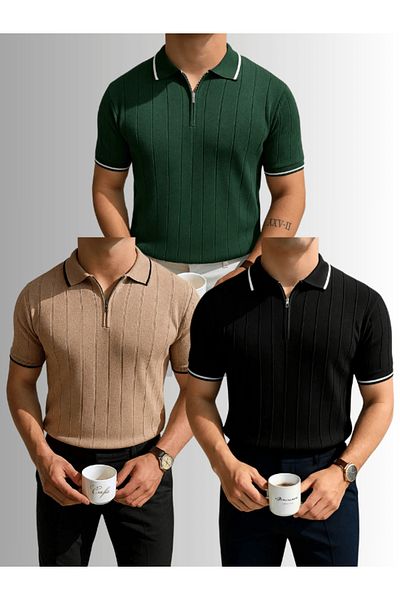 LC Waikiki 3-Piece Advantage Pack Polo Neck Zippered Short Sleeve Men's Summer Knitwear T-Shirt
