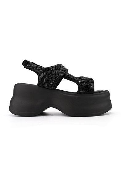 Tmall Sandale de damă, cu platformă, din piele și material textil, Sa77, negre