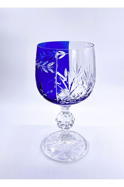 Kristal Market Handmade Crystal Bohemia Blue Double Color Decorative Presentation Stand Footed Goblet Coffee Side Water Glass