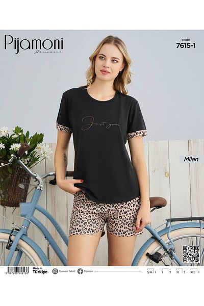 Pijamoni Σετ γυναικείες πιτζάμες με κοντομάνικο σορτς Leopard Pattern Bamboo Milan