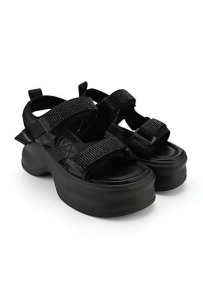 Tmall Sandale de damă, cu platformă, din piele și material textil, Sa79, negre