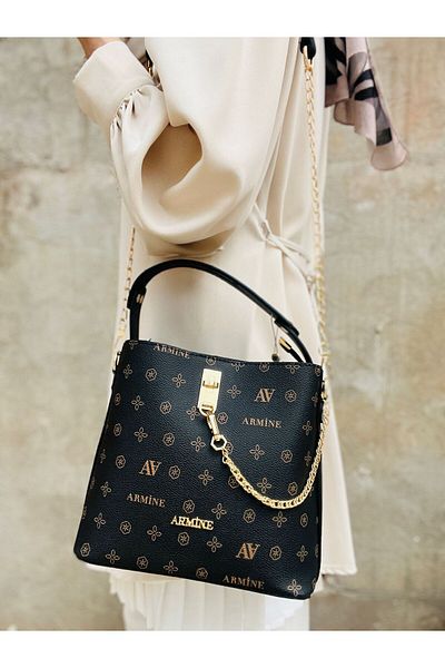 Armine 222 Women's Monogram Faux Leather 4 Compartment Hand and Shoulder Bag with Gold Accessories