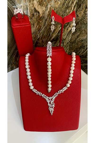 TRİA SİLVER 925 Ayar Gümüş Zirkon Taşlı Yaprak Model İnci Kolye Küpe Yüzük Bi...