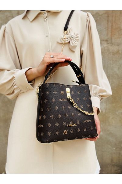 Armine 222 Women's Monogram Faux Leather 4 Compartment Hand and Shoulder Bag with Gold Accessories