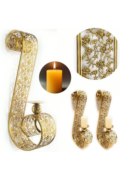 Souq DESIGNS Wall Candle Holder Gold Set of 2 – Gold Candle Holder Sconce | Pillar Candle Holder Wall Mounted | Ramadan Candle Holder | Vintage Candle Holder Arabic | Morracan style Iron 46cm 2 Pcs
