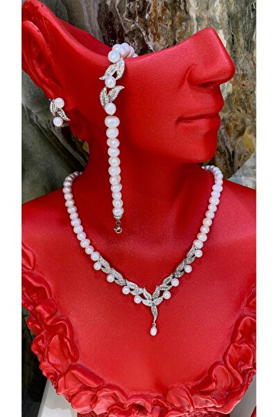 TRİA SİLVER Yaprak Figürlü Zirkon Taşlı 925 Ayar Gümüş Gerçek İnci Kolye Küpe Yüzük Seti