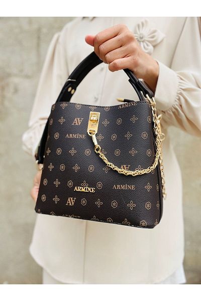 Armine 222 Women's Monogram Faux Leather 4 Compartment Hand and Shoulder Bag with Gold Accessories