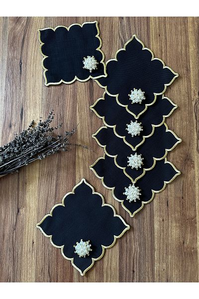 NURHAN HOME COLLECTION 6 bucăți de cafea neagră cu perle aurii, șervețel de prezentare pentru cocktail
