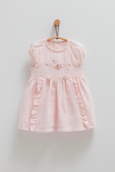 KIPIRIK BABY Kız Bebek Müslin Elbise Pembe Çiçek İşlemeli Eteği Fırfırlı