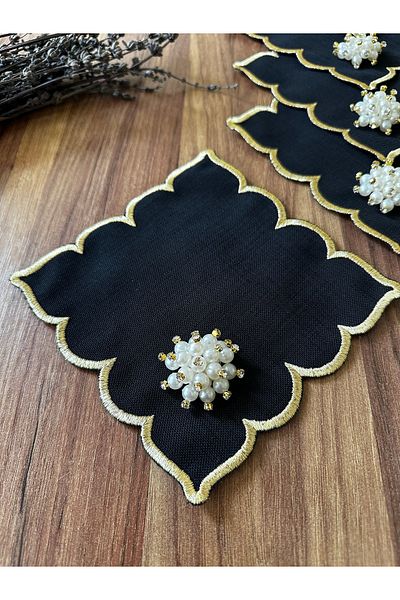 NURHAN HOME COLLECTION 6 bucăți de cafea neagră cu perle aurii, șervețel de prezentare pentru cocktail