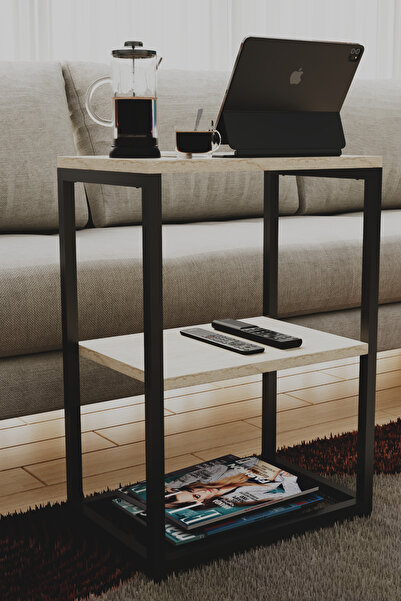 interGO Metal Ayaklı ve Ahşap Raflı Dekoratif Yan Sehpa