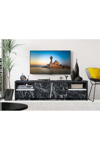 Generic Wooden TV Table with Drawers and Shelves - 160cm Black Marble
