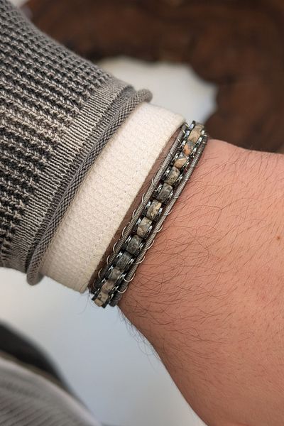 cheetah quality Custom Made Genuine Leather Men's Bracelet with Natural Stone