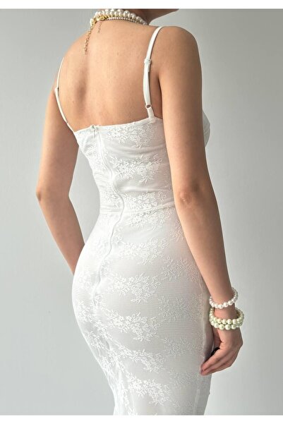 Julidress Λευκό Στράπλες Λαιμόκοψη Μίντι Μακρύ Δαντελένιο Φόρεμα Premium