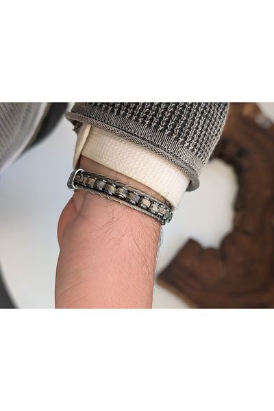 cheetah quality Custom Made Genuine Leather Men's Bracelet with Natural Stone