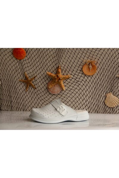 Magia Comfort Genuine Leather White Buckle Sabo Slippers