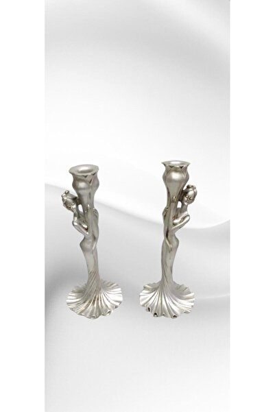 Genel Markalar 2 Li Set Gümüş Renk Dekoratif Polyester Mumluk Şamdan