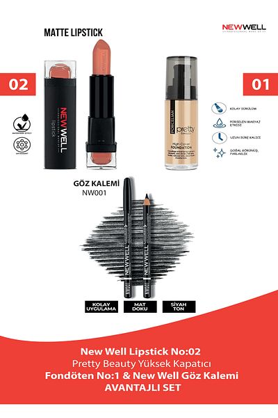 New Well Lipstick No:02 Pretty Beauty High Coverage Foundation No:1 & New Well Eye Pencil Advantageous Set