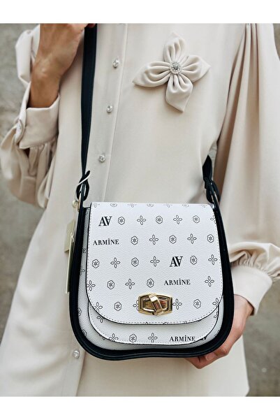 Armine 139 Women's Monogram Faux Leather Covered 3 Compartment Crossbody Shoulder Bag with Gold Accessories