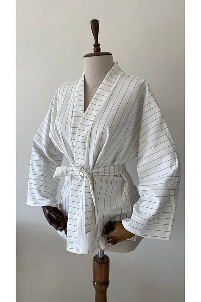 Glowear Atelier White Black Striped Design Belted Kimono